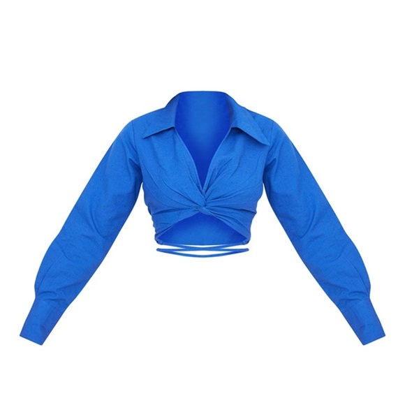 PRETTYLITTLETHING Bright Blue Linen Cut Out Wrap Top - NWT - Picture 3 of 4